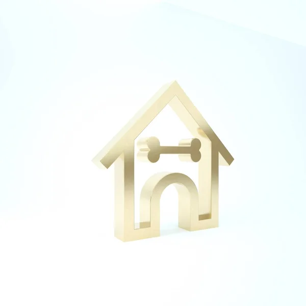 Gold Dog huis en bot pictogram geïsoleerd op witte achtergrond. Hondenkennel. 3d illustratie 3d renderen — Stockfoto