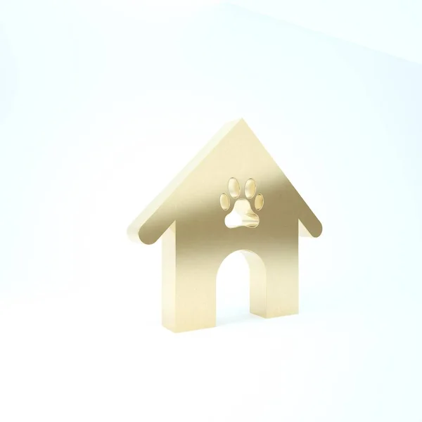 Gold Dog house e l'icona dell'animale domestico stampa zampa isolato su sfondo bianco. Canile per cani. Illustrazione 3d rendering 3D — Foto Stock