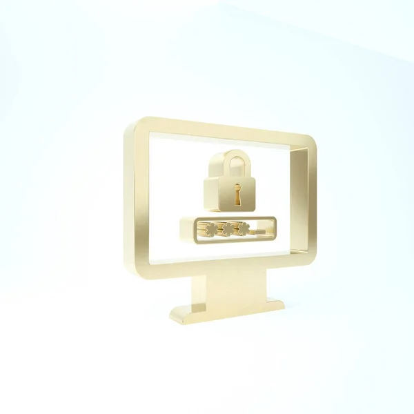 Gold Monitor с уведомлением пароля и значком блокировки на белом фоне. Безопасность, личный доступ, авторизация пользователя, форма входа. 3D-рендеринг — стоковое фото