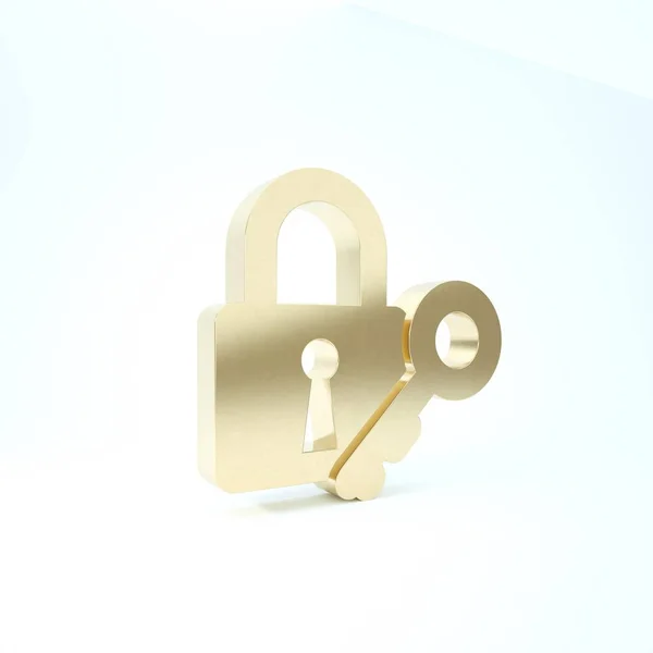 Gold Lock and key icon isolated on white background. Padlock sign. Security, safety, protection, privacy concept. 3d illustration 3D render — Stock Photo, Image