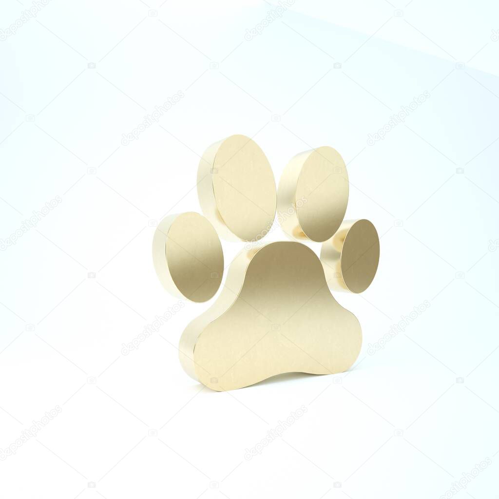 Gold Paw print icon isolated on white background. Dog or cat paw print. Animal track. 3d illustration 3D render