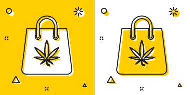 Sarı ve beyaz arka planda siyah marihuana ya da kenevir yaprağı ikonu var. Kenevir almak. Kenevir sembolü. Rastgele dinamik şekiller. Vektör İllüstrasyonu