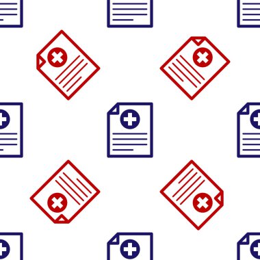 Klinik kayıt simgesine sahip mavi ve kırmızı tıbbi pano beyaz arka planda izole edilmiş pürüzsüz desen. Sağlık sigortası formu. Reçete, tıbbi kontrol işaretleri raporu. Vektör İllüstrasyonu