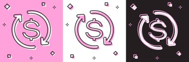 Yatırım Dönüşü simgesini pembe beyaz ve siyah arkaplanda izole et. Para ikonu dönüştürür. İade belgesi. Dolar dönüştürücü konsepti. Vektör İllüstrasyonu
