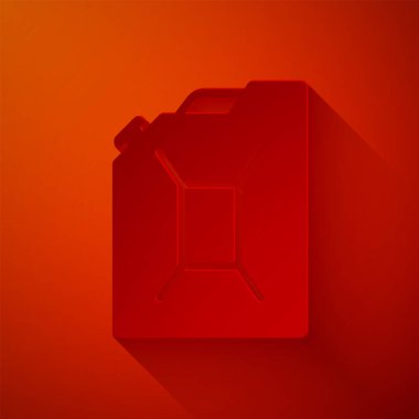 Kırmızı arka planda izole edilmiş benzin ikonu için kağıt kesiği kutusu. Dizel gaz ikonu. Kağıt sanatı tarzı. Vektör İllüstrasyonu