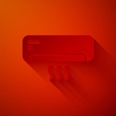 Kağıt kesikli klima ve kırmızı arka planda temiz hava ikonu var. Sistemin havalandırmasını böl. Soğuk ve soğuk iklim kontrol sistemi. Kağıt sanatı tarzı. Vektör İllüstrasyonu