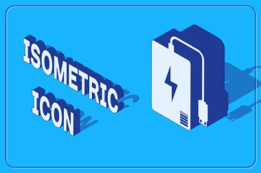 Farklı şarj kablosu simgesine sahip Isometric Power Bankası mavi arka planda izole edildi. Taşınabilir şarj cihazı. Vektör İllüstrasyonu