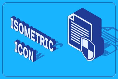 Isometric Belge Koruma Konsepti simgesi mavi arkaplanda izole edildi. Gizli bilgi ve gizlilik fikri, güvenlik, koruma, kalkan. Vektör İllüstrasyonu