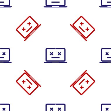 Mavi ve kırmızı ölü dizüstü bilgisayar simgesi beyaz arkaplanda kusursuz desen izole etti. Ölü emojili dizüstü bilgisayar gibi 404 hata. Bilgisayar sisteminde ölümcül hata. Vektör İllüstrasyonu