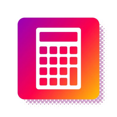 Beyaz Hesap Makinesi simgesi beyaz arkaplanda izole edildi. Muhasebe sembolü. İş hesaplamaları matematik eğitimi ve finans. Kare renk düğmesi. Vektör İllüstrasyonu