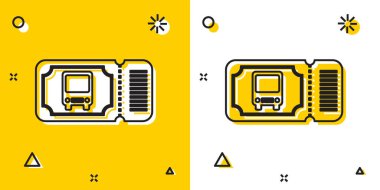 Siyah otobüs bileti ikonu sarı ve beyaz arka planda izole edildi. Toplu taşıma bileti. Rastgele dinamik şekiller. Vektör İllüstrasyonu