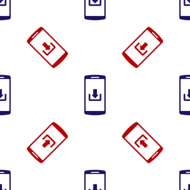 Beyaz arkaplanda izole edilmiş ikon indirme simgesine sahip mavi ve kırmızı akıllı telefon. Vektör İllüstrasyonu