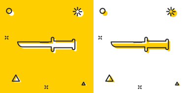 Sarı ve beyaz arka planda siyah askeri bıçak ikonu var. Rastgele dinamik şekiller. Vektör İllüstrasyonu