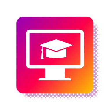 Mezuniyet başlığı simgesi beyaz arkaplanda izole edilmiş beyaz bilgisayar monitörü. Çevrimiçi öğrenme ya da e-öğrenme kavramı. İnternet bilgi sembolü. Kare renk düğmesi. Vektör İllüstrasyonu