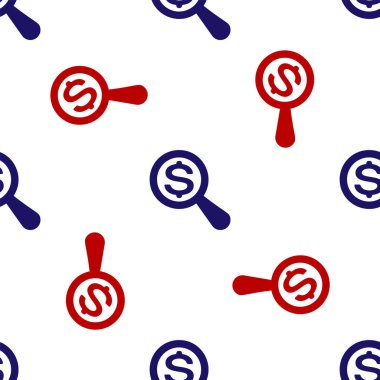 Mavi ve kırmızı büyüteç ve dolar simgesi beyaz arka planda izole edilmiş kusursuz desen. Para bul. Para arıyorum. Vektör İllüstrasyonu