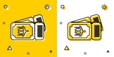 Siyah Havayolları bilet ikonu sarı ve beyaz arka planda izole edildi. Uçak bileti. Rastgele dinamik şekiller. Vektör İllüstrasyonu