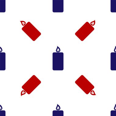 Mavi ve kırmızı yanan mum ikonu beyaz arka planda izole edilmiş pürüzsüz desen. Eski moda yanan mum. Silindirik aromatik mum çubuğu ve yanan ateş. Vektör İllüstrasyonu