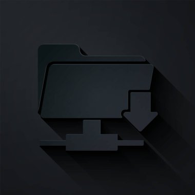 Kağıt kesiği Ftp dizin indirme simgesi siyah arkaplanda izole edildi. Yazılım güncellemesi, transfer protokolü, yönlendirici, takım çalışması araç yönetimi, kopyalama işlemi. Kağıt sanatı tarzı. Vektör İllüstrasyonu