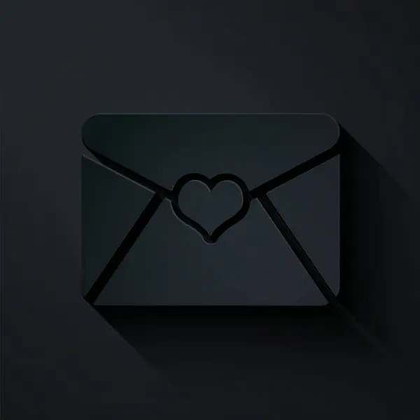 Бумага вырезать конверт с иконкой сердца Валентина изолированы на черном фоне. Письмо любовь и романтика. Бумажный стиль. Векторная миграция — стоковый вектор