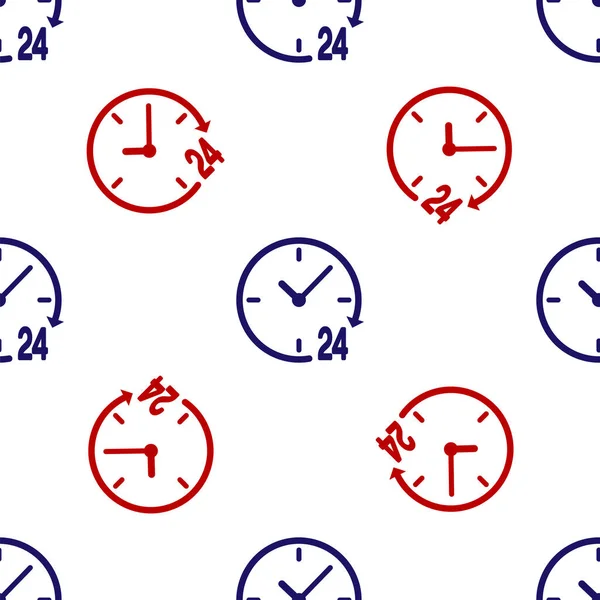 Relógio azul e vermelho 24 horas ícone isolado padrão sem costura no fundo branco. Ícone cíclico o dia todo. 24 horas de símbolo de serviço. Ilustração vetorial —  Vetores de Stock