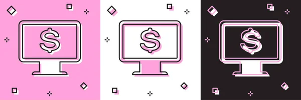 Ställ Datorskärm med dollar ikon isolerad på rosa och vit, svart bakgrund. Koncept för ekonomisk säkerhet på Internet, skydd av online-finansiering. Vektor Illustration — Stock vektor