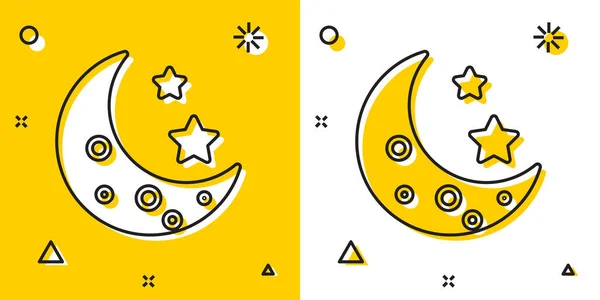 Icono Luna Negra y estrellas aislado sobre fondo amarillo y blanco. Formas dinámicas aleatorias. Ilustración vectorial — Archivo Imágenes Vectoriales
