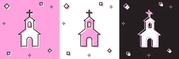 Definir ícone de construção da igreja isolado em rosa e branco, fundo preto. Igreja Cristã. Religião da igreja. Ilustração vetorial —  Vetores de Stock