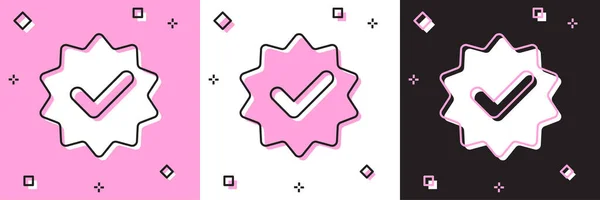 Set Medalha aprovada ou certificada com fitas e ícone de marca de seleção isolado em fundo rosa e branco, preto. Ilustração vetorial — Vetor de Stock