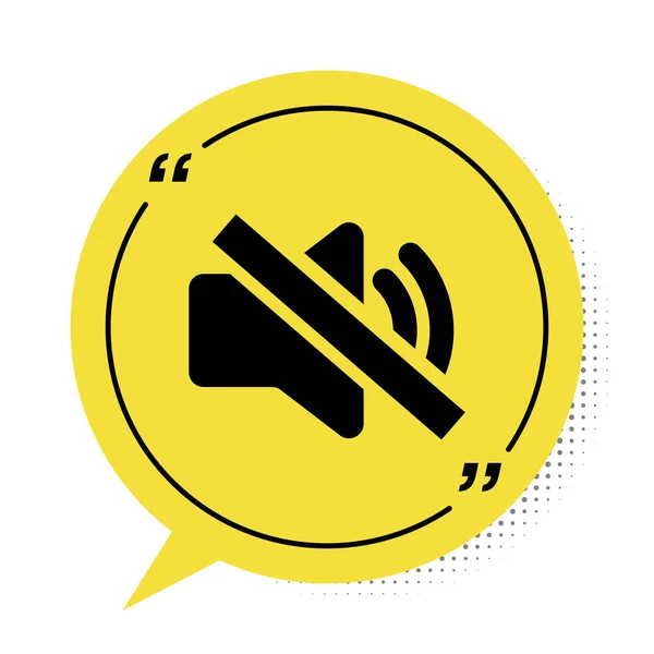 Black Speaker mute icon isolated on white background. No sound icon. Volume Off symbol. Yellow speech bubble symbol. Vector Illustration — ストックベクタ