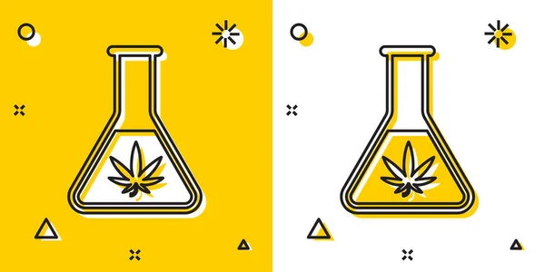 Tubo de teste Black Chemical com ícone de folha de maconha ou cannabis isolado em fundo amarelo e branco. Conceito de pesquisa. Conceito de óleo CBD de laboratório. Formas dinâmicas aleatórias. Ilustração vetorial — Vetor de Stock