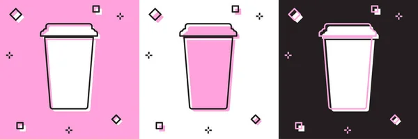 Definir ícone xícara de café isolado em rosa e branco, fundo preto. Copo de café descartável com café quente. Ilustração vetorial — Vetor de Stock