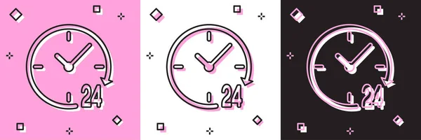 Set Klok 24 uur pictogram geïsoleerd op roze en witte, zwarte achtergrond. De hele dag cyclisch icoon. 24 uur service symbool. Vector Illustratie — Stockvector