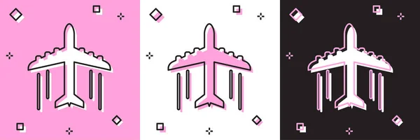 Definir ícone de plano isolado em rosa e branco, fundo preto. Ícone de avião voador. Sinal de avião. Ilustração vetorial — Vetor de Stock