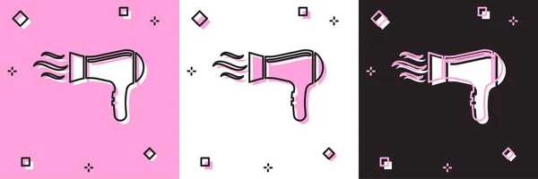 Set haardroger pictogram geïsoleerd op roze en witte, zwarte achtergrond. Haarbordje. Haardroogsymbool. Warme lucht blazen. Vector Illustratie — Stockvector