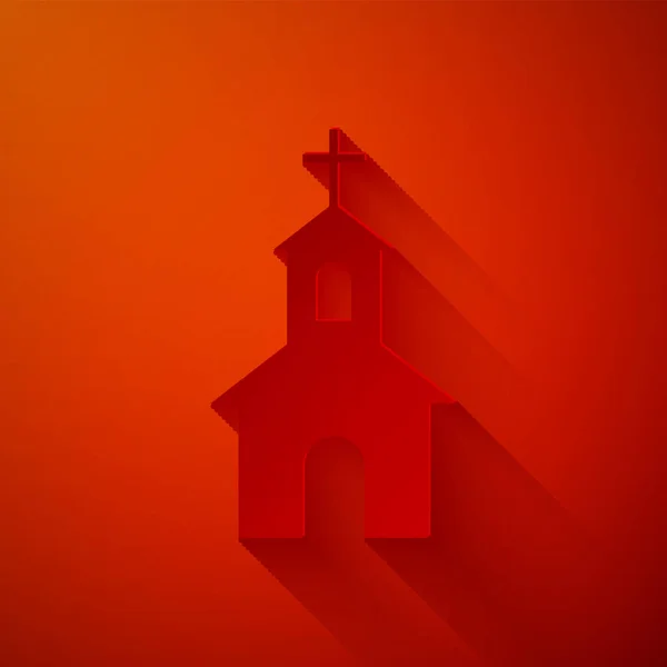 Papier découpé icône du bâtiment de l'église isolé sur fond rouge. Église chrétienne. Religion d'église. Style art du papier. Illustration vectorielle — Image vectorielle