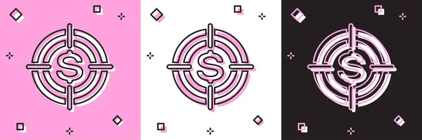 Definir alvo com símbolo de dólar ícone isolado em rosa e branco, fundo preto. Ícone alvo de investimento. Conceito de negócio bem sucedido. Sinal de dinheiro ou dinheiro. Ilustração vetorial — Vetor de Stock