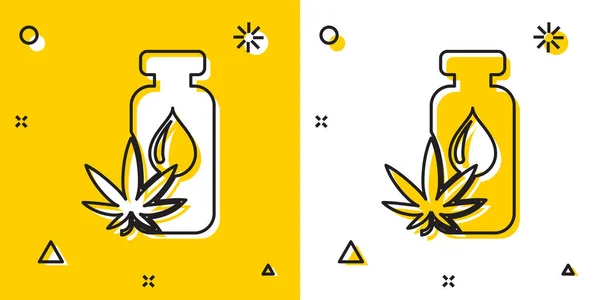 Siyah tıbbi marihuana ya da kenevir yaprağı zeytinyağı damlası ikonu sarı ve beyaz arka planda izole edilmiştir. Esrar özütü. Kenevir sembolü. Rastgele dinamik şekiller. Vektör İllüstrasyonu — Stok Vektör
