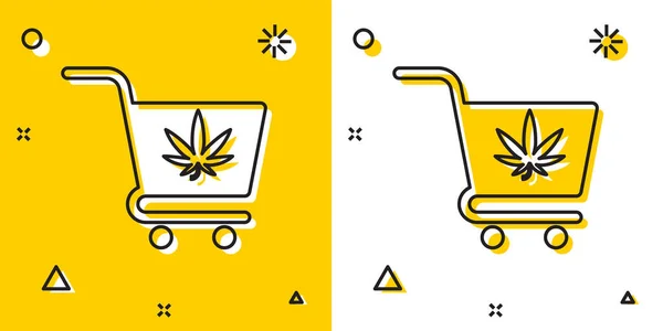 Carrinho de compras preto com ícone de folha de maconha ou cannabis isolado em fundo amarelo e branco. Compra online. Serviço de entrega. Cesta de supermercado. Formas dinâmicas aleatórias. Ilustração vetorial — Vetor de Stock