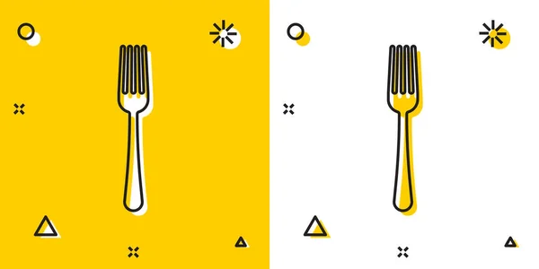 Ícone de garfo preto isolado no fundo amarelo e branco. Símbolo de talheres. Formas dinâmicas aleatórias. Ilustração vetorial — Vetor de Stock