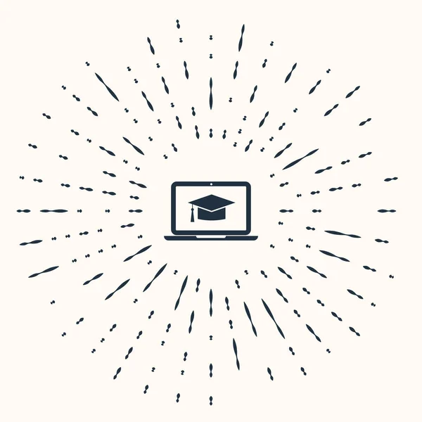 Tapa de graduación gris en el icono de la computadora portátil de pantalla aislada en fondo beige. Concepto de aprendizaje en línea o aprendizaje electrónico. Puntos aleatorios de círculo abstracto. Ilustración vectorial — Archivo Imágenes Vectoriales