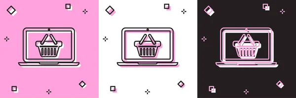 Set Shopping basket on screen laptop icon isolated on pink and white, black background. Concept e-commerce, e-business, online business marketing. Vector Illustration — Stock Vector