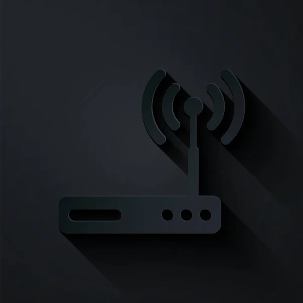 Paper cut Router and wi-fi signal symbol icon isolated on black background. Wireless ethernet modem router. Computer technology internet. Paper art style. Vector Illustration — Stock Vector