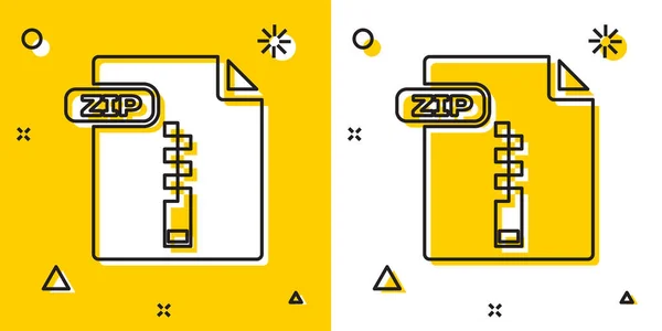 Documento del file ZIP nero. Scarica l'icona del pulsante zip isolato su sfondo giallo e bianco. Simbolo file ZIP. Forme dinamiche casuali. Illustrazione vettoriale — Vettoriale Stock