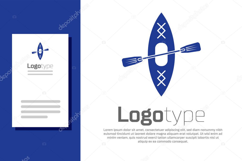 Blue Kayak and paddle icon isolated on white background. Kayak and canoe for fishing and tourism. Outdoor activities. Logo design template element. Vector Illustration