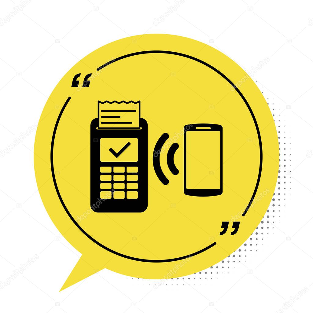 Black POS terminal with printed reciept and confirms the payment by smartphone icon isolated on white background. NFC payment concept. Yellow speech bubble symbol. Vector Illustration