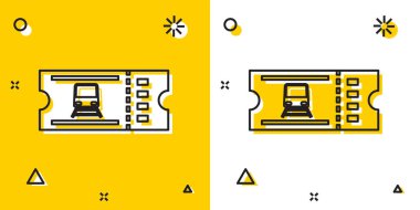 Siyah tren bileti ikonu sarı ve beyaz arka planda izole edildi. Demiryolu ile seyahat et. Rastgele dinamik şekiller. Vektör İllüstrasyonu