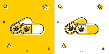 Esrar ya da kenevir yaprağı ikonu içeren siyah tıbbi haplar sarı ve beyaz arka planda izole edilmiş. Kavanozlardaki kenevir yağı özlerini taklit et. Rastgele dinamik şekiller. Vektör İllüstrasyonu