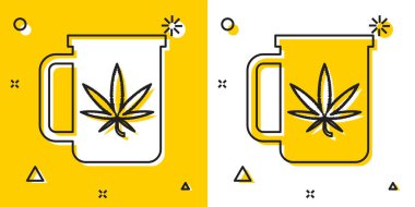 Marihuana ya da kenevir yaprağı ikonlu siyah çay sarı ve beyaz arka planda izole. Marihuanayı yasallaştırma. Kenevir sembolü. Rastgele dinamik şekiller. Vektör İllüstrasyonu