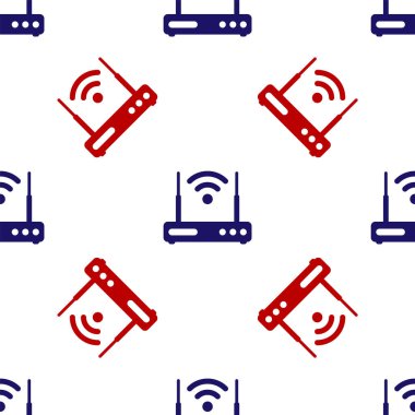 Mavi ve kırmızı Router ve wi-fi sinyal simgesi beyaz arkaplanda izole edilmiş pürüzsüz desen. Kablosuz ethernet modem yönlendirici. Bilgisayar teknolojisi interneti. Vektör İllüstrasyonu
