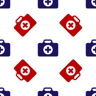 Mavi ve kırmızı ilk yardım çantası ikonu beyaz arkaplanda pürüzsüz desen izole etti. Haçlı sağlık kutusu. Acil durumlar için tıbbi ekipman. Sağlık sigortası konsepti. Vektör İllüstrasyonu